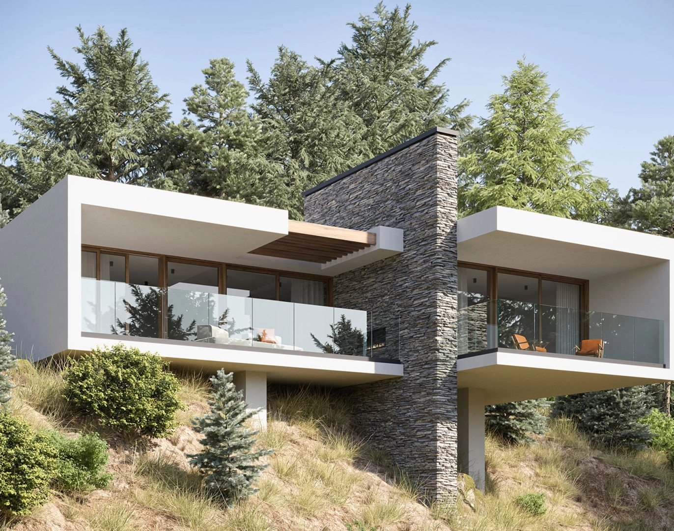 Villa blanche cubes, balcons garde-corps verre, mur pierre grise et pins