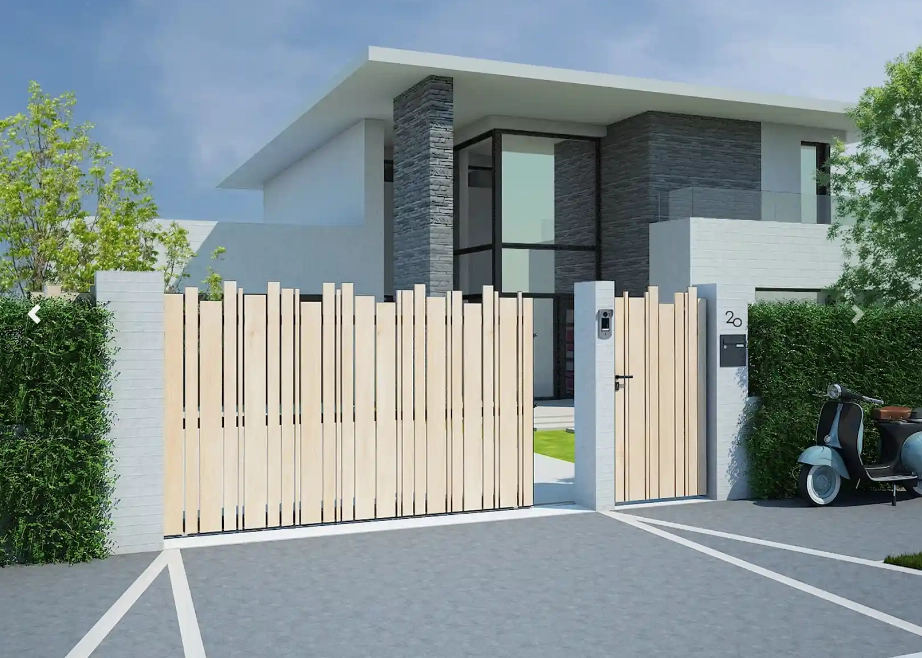 Portail et portillon bois lames hauteurs variées, maison moderne, scooter bleu numéro 20