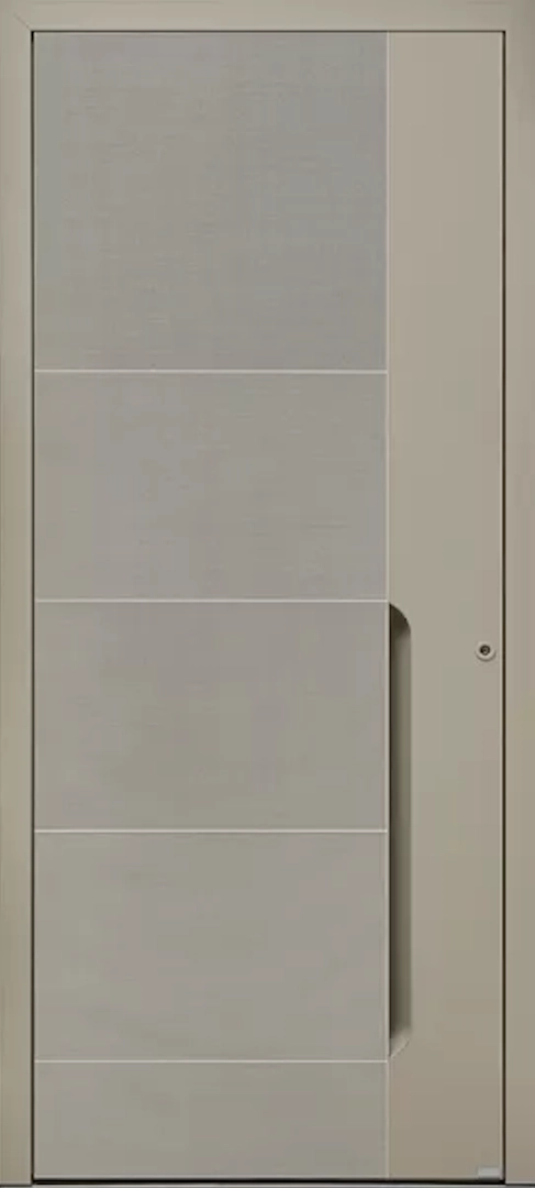 Porte beige moderne quatre panneaux et longue poignée verticale intégrée à droite