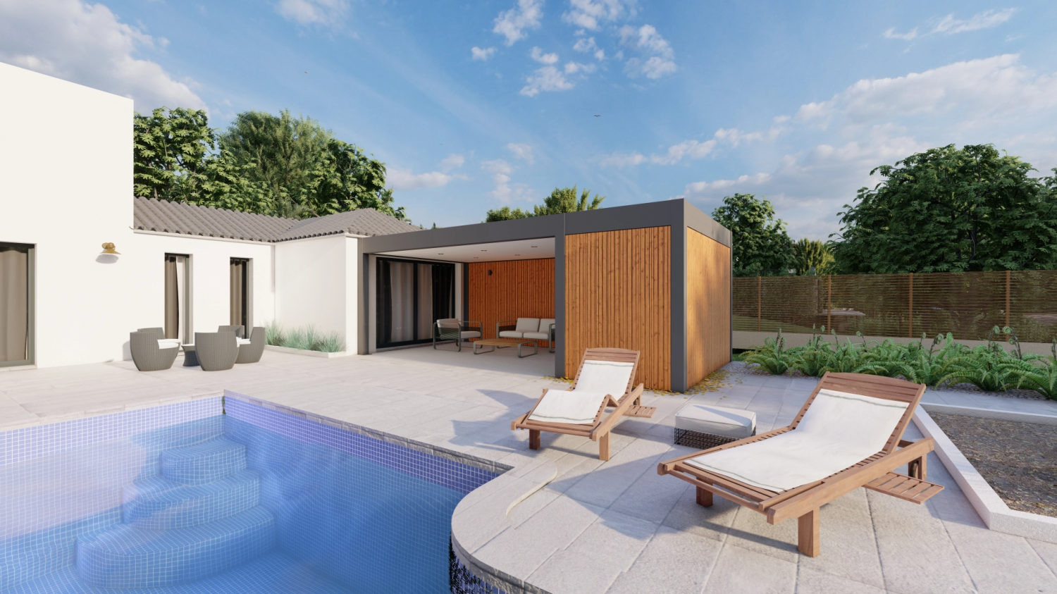 Rendu 3D pool-house anthracite lames bois, piscine mosaïque et terrasse dalles claires