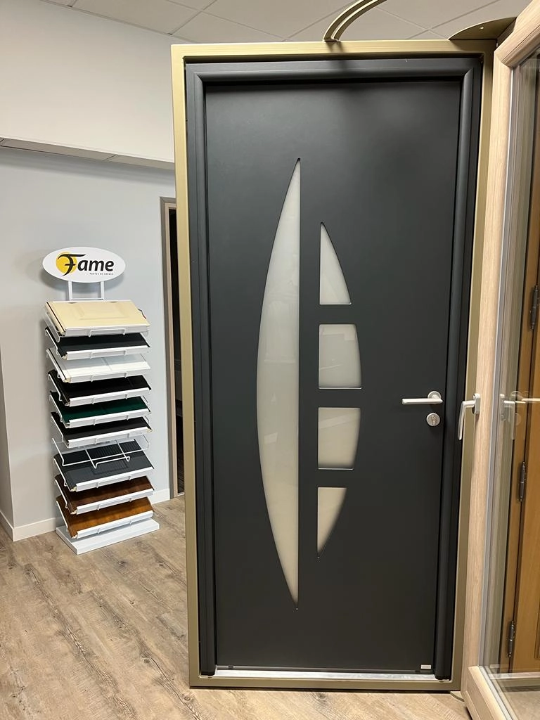 Porte anthracite vitrages dépolis courbes en showroom, échantillons portes et Logo Fame