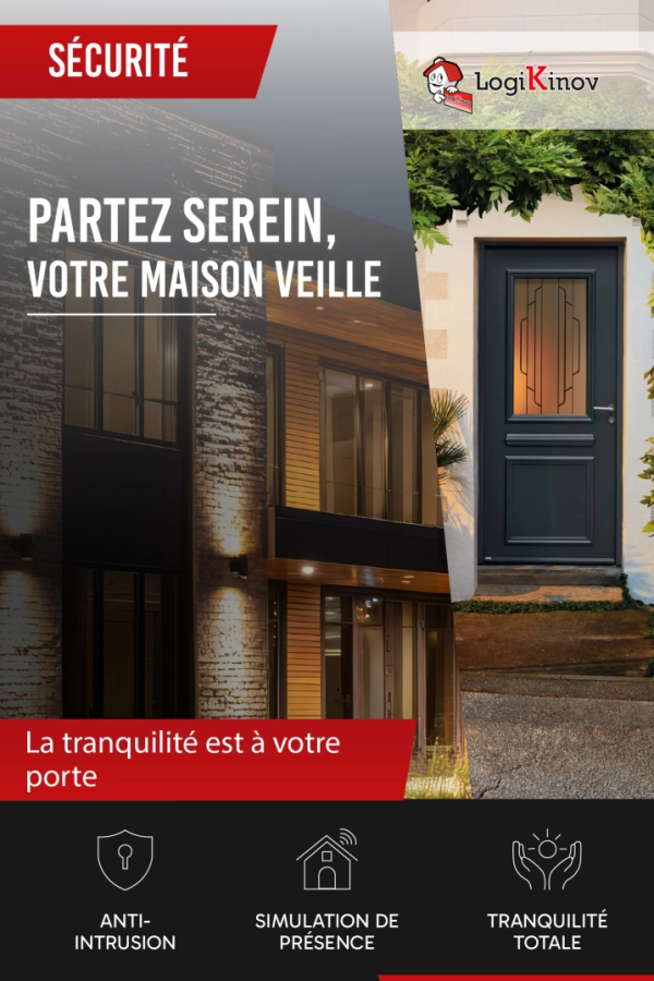 Logo Logikinov SÉCURITÉ - Partez serein votre maison veille, porte grise et maison de nuit