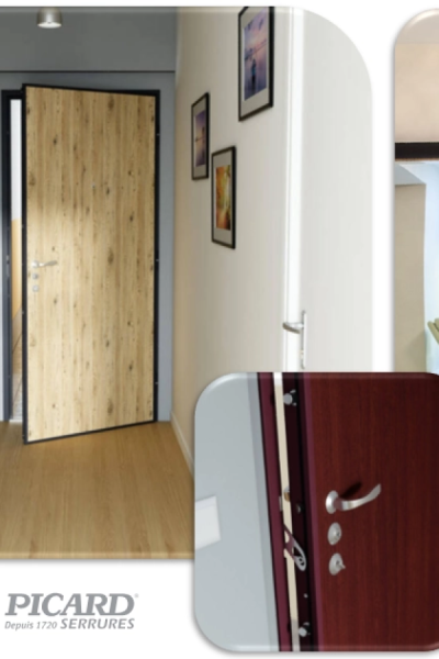 Porte intérieure bois clair Picard Serrures ouverte montrant serrure multipoint - logo Picard