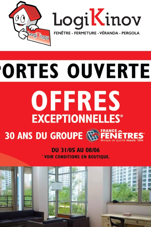 Affiche portes ouvertes fond rouge avec logo France Fenêtres et photo showroom vitré