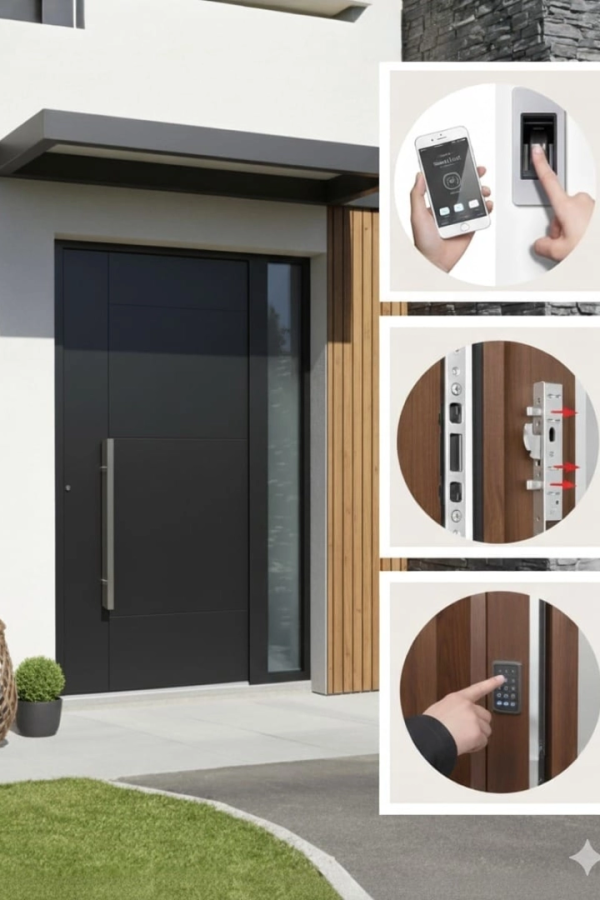 Porte noire à poignée inox et médaillons empreinte, serrure multipoints et clavier code