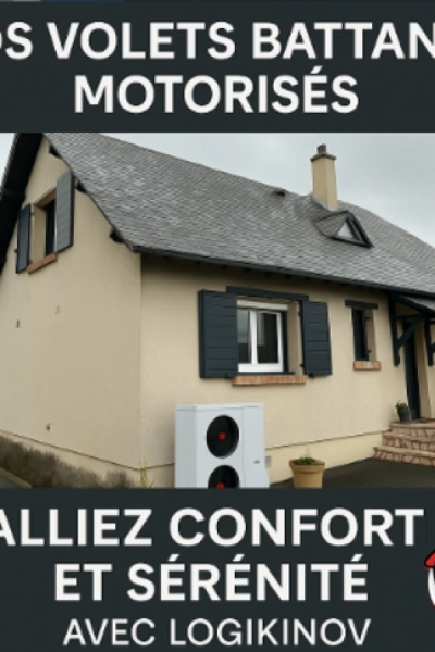 Maison beige avec volets battants anthracite motorisés et pompe à chaleur blanche devant