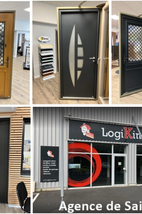 Collage showroom de portes d'entrée bois et anthracite et devanture d'agence vitrée