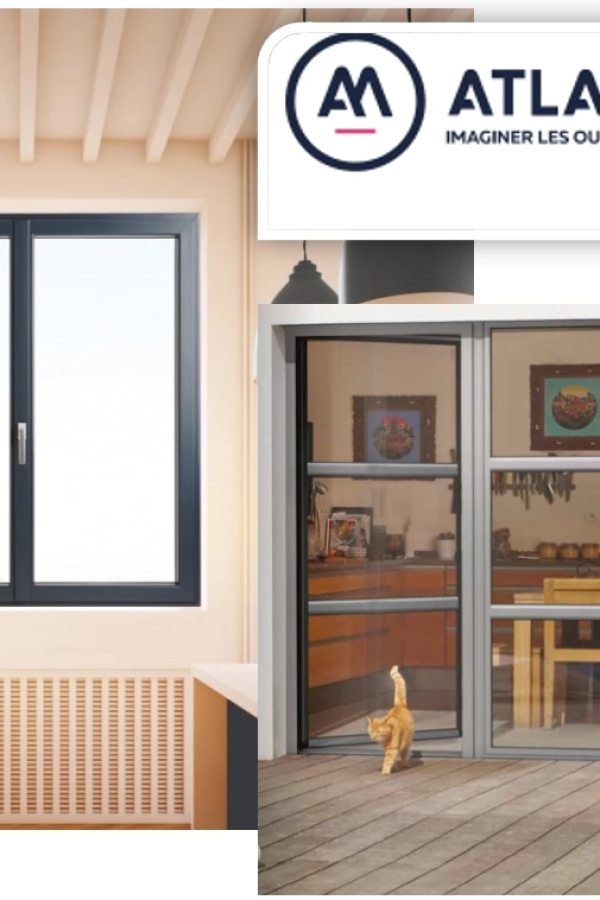 Collage fenêtre anthracite intérieur et baie avec moustiquaire, chat sort sur terrasse