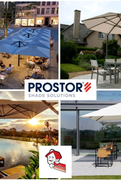 Collage parasols Prostor sur terrasses urbaines, jardin et piscine - logo Prostor Shade Solutions