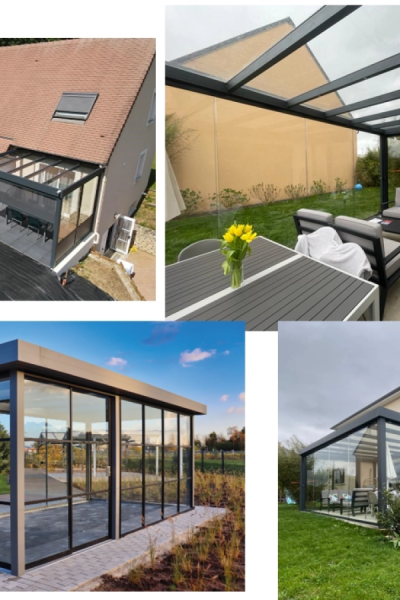 Collage quatre véranda et pergola verre cadre sombre, salons et jardins attenants