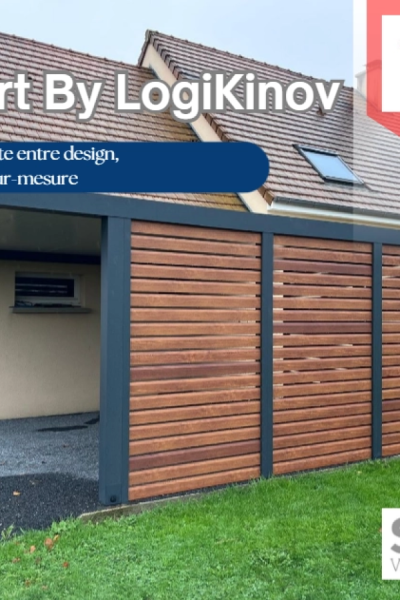 Carport lames bois horizontales cadre gris - texte carport aluminium Soko By Logikinov sur mesure