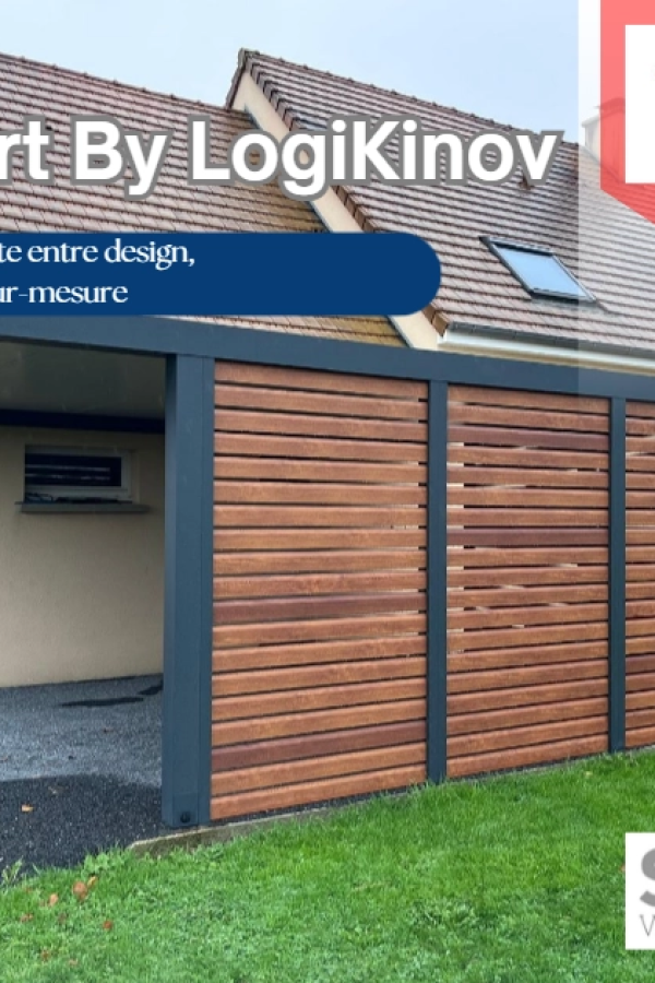 Carport lames bois horizontales cadre gris - texte carport aluminium Soko By Logikinov sur mesure