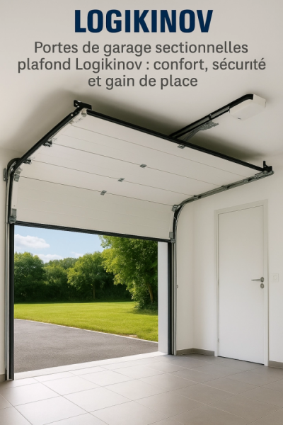 Porte garage sectionnelle blanche relevée au plafond dans garage carrelé - texte Logikinov