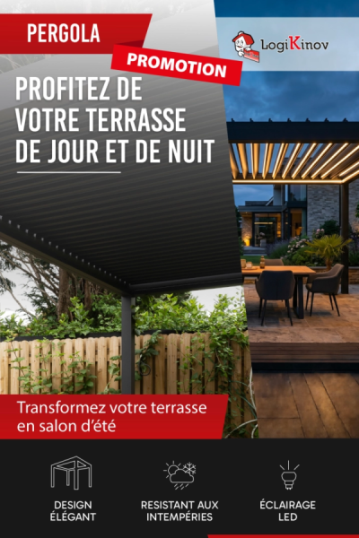 Affiche pergola jour et nuit LED - PROMOTION PROFITEZ DE VOTRE TERRASSE DE JOUR ET DE NUIT - Logo Logikinov