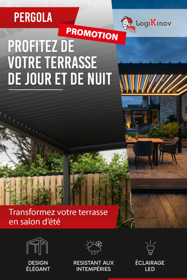 Affiche pergola jour et nuit LED - PROMOTION PROFITEZ DE VOTRE TERRASSE DE JOUR ET DE NUIT - Logo Logikinov