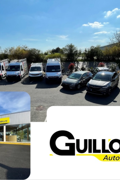 Collage flotte véhicules utilitaires, facade showroom et logo Guillo Auto