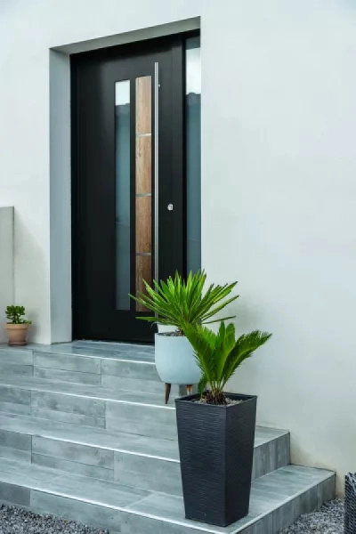 Porte d'entrée anthracite avec poignée inox, inserts verre dépoli et bois, marches carrelées et plantes