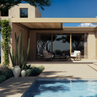 Maison beige moderne, pergola intégrée terrasse, fauteuils blancs et piscine rectangulaire bleue