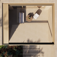 Vue zenithale terrasse sous pergola bioclimatique beige, salon blanc et ombres des lames
