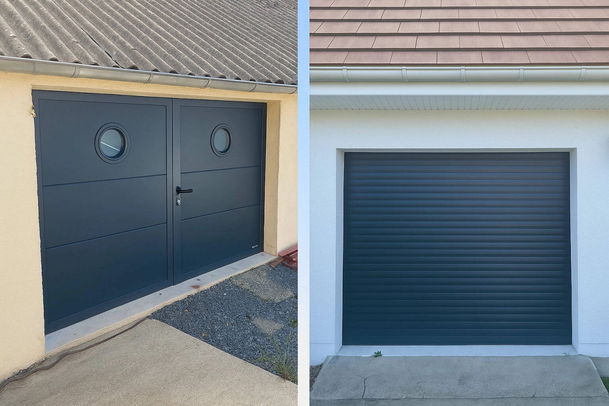 Comparatif portes garage anthracite : battante à hublots ronds et enroulable à lames fines