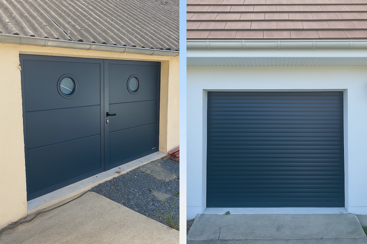 Comparatif portes garage anthracite : battante à hublots ronds et enroulable à lames fines