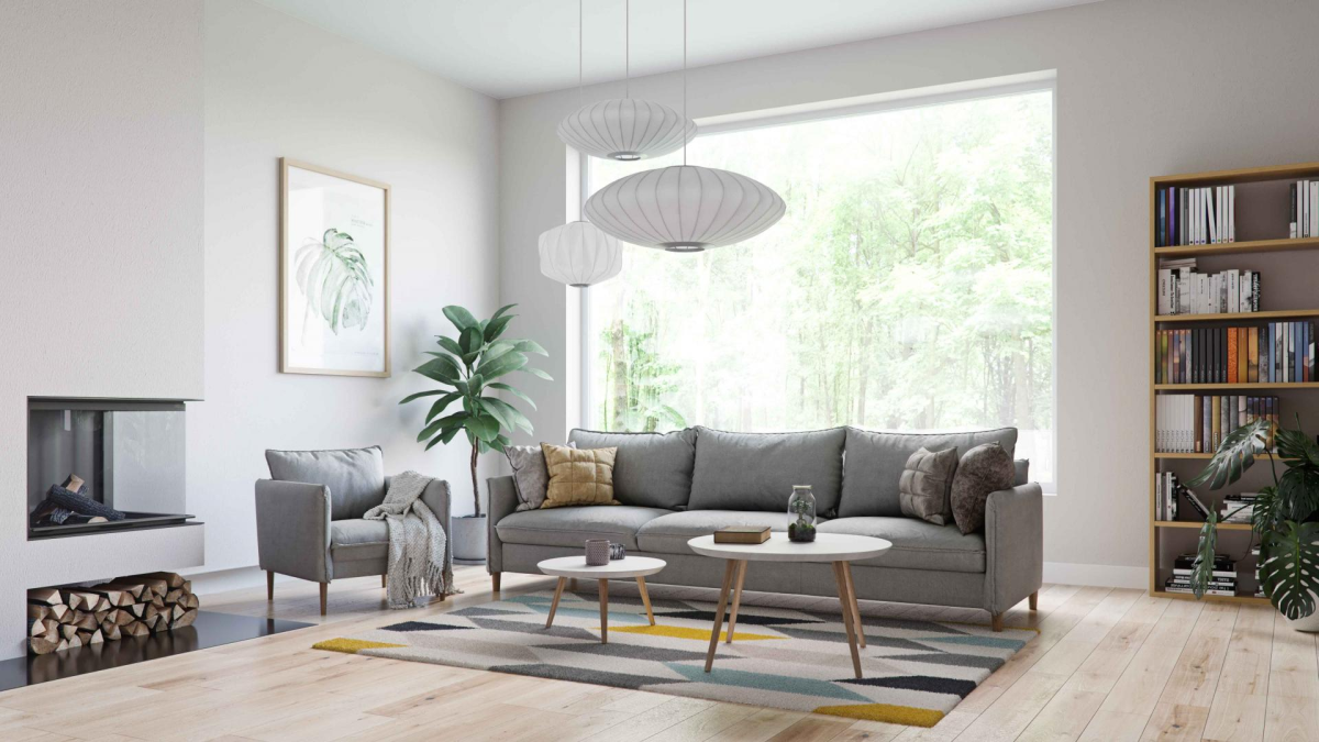 Salon lumineux avec grande baie vitree fixe donnant sur des arbres verdoyants
