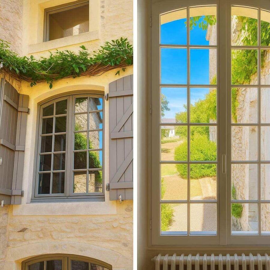 Diptyque fenêtre à croisillons et volets taupe sur pierre, puis fenêtre blanche intérieure