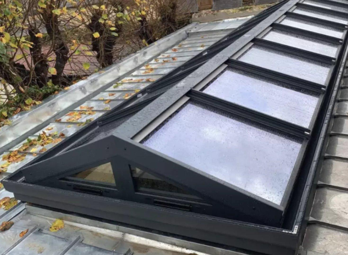 Verrière de toit double pente cadre anthracite sur toiture zinc, feuilles jaunes
