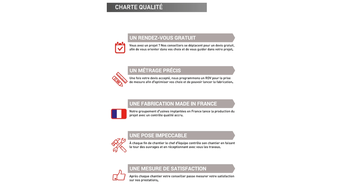 Infographie Charte qualite : rendez-vous, metrage, fabrication France, pose, satisfaction