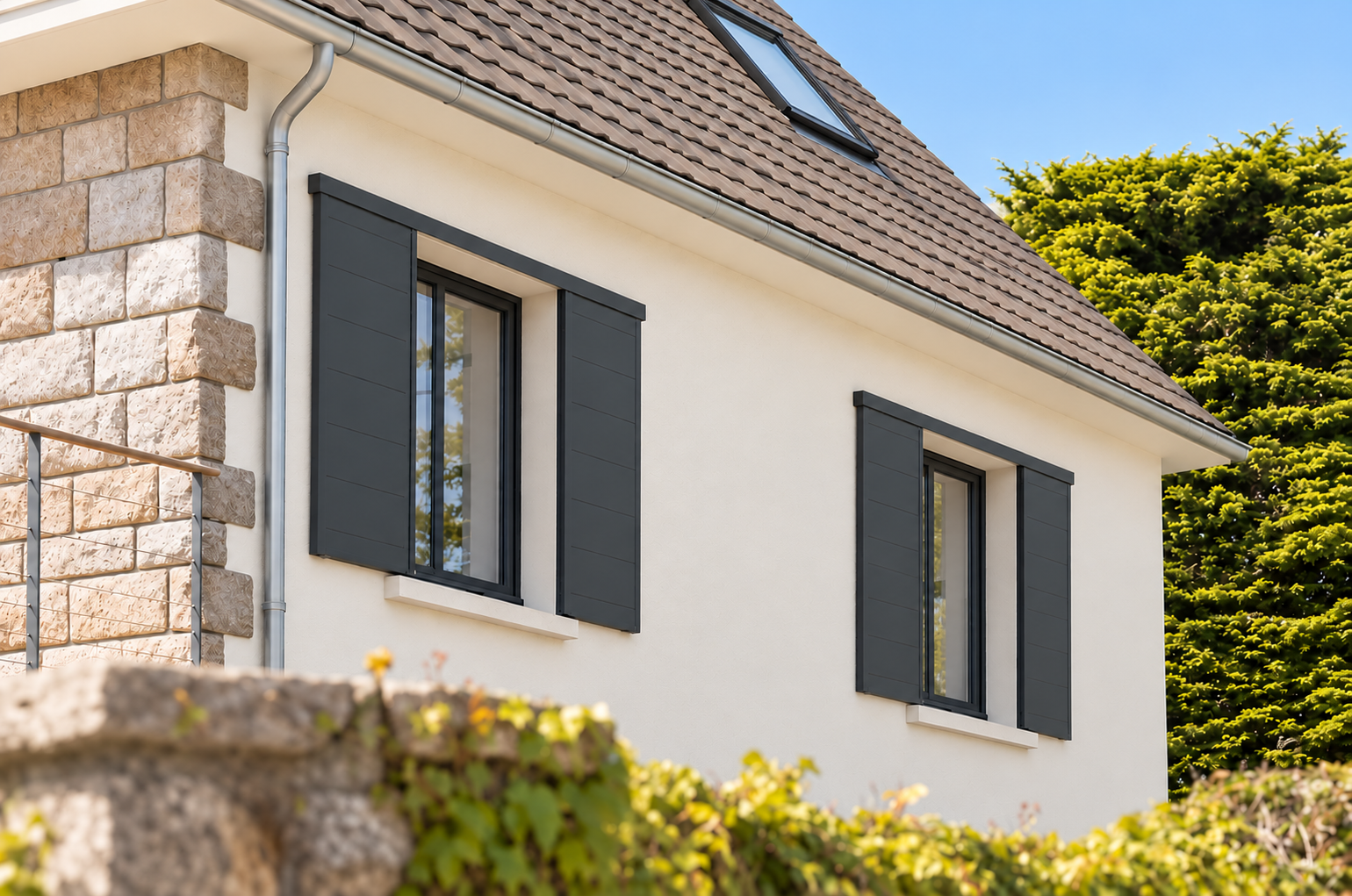 Deux fenêtres avec volets coulissants anthracite ouverts, façade crème et angle pierre, ciel bleu