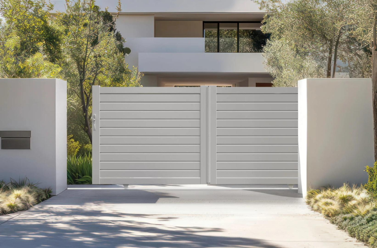 Portail blanc lames horizontales pleines entre piliers blancs devant villa moderne