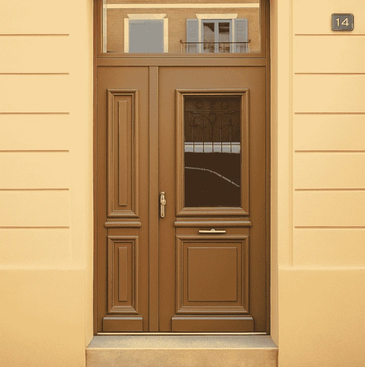Porte d entree marron vitrage grille decorative, imposte et numero 14 sur facade beige