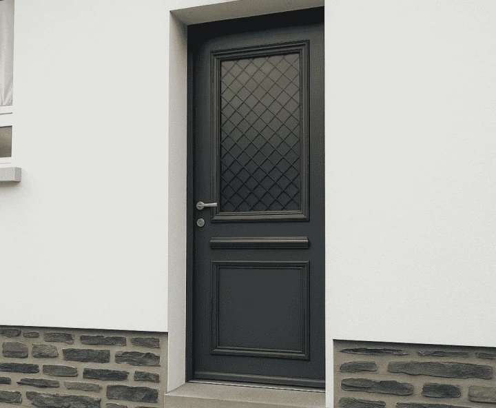 Porte d'entrée anthracite vitrée à croisillons losanges, poignée inox, encadrement sur crépi blanc