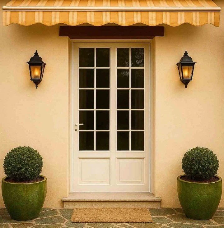Double porte blanche petits carreaux, store raye jaune et topiaires en pots