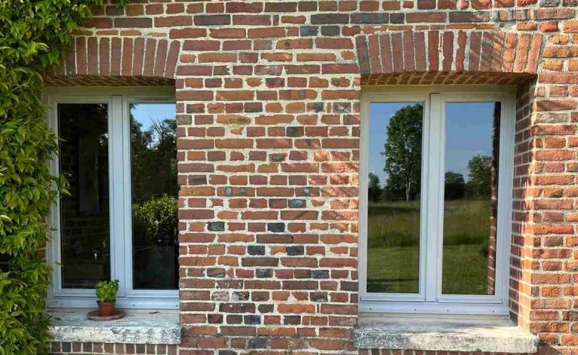 Deux fenêtres blanches sur mur briques rouges, lierre, pot vert et reflet campagne