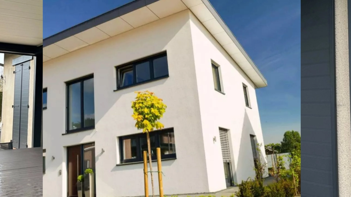 Maison blanche contemporaine, menuiseries gris anthracite et brise-soleil gris