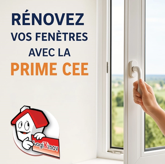 Main sur poignée fenêtre blanche ouverte, texte Prime CEE et mascotte Logo Logikinov