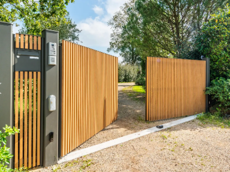 Portail battant lames bois clair cadre anthracite, portillon et boite aux lettres sur pilier