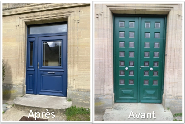 Avant-après porte bleue tierce vitrée et imposte, remplace porte verte, pierre