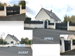 Montage avant-apres portail blanc oblique puis portail alu noir lames horizontales