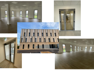 Collage batiment tertiaire neuf, facade bandes verticales et fenetres etroites