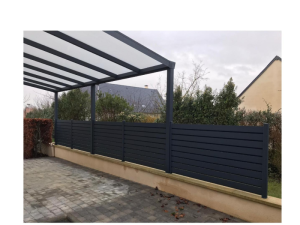 Carport anthracite et clôture lames sur muret, toit plaques translucides