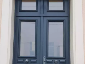 Double porte entrée anthracite grands vitrages, imposte et boutons ronds