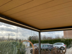 Plafond pergola lames effet bois, LED et parois vitrees vues interieures
