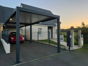Carport anthracite LED sous poutres, Coccinelle rouge au crepuscule