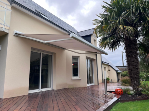 Store banne beige deploye, coffre blanc au-dessus terrasse bois mouillée et palmier