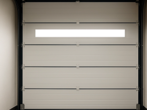 Porte garage sectionnelle beige, hublot horizontal vu depuis interieur