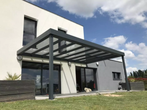 Pergola anthracite toit vitre, baies coulissantes noires et chien sur terrasse