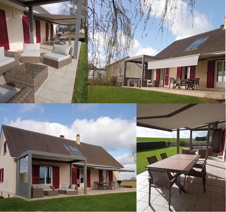 Pergola grise et store banne gris sur terrasse carrelée, volets rouges, tuiles