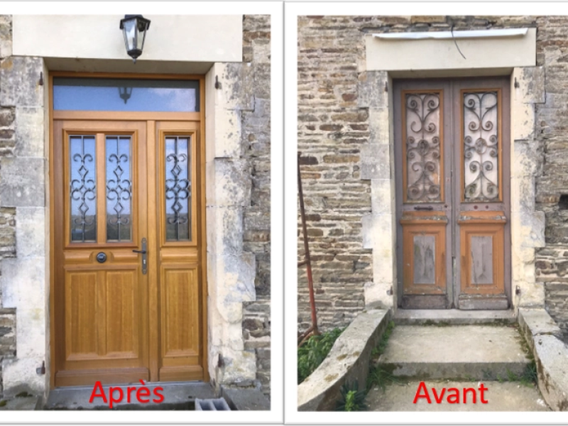 Avant-après porte bois clair avec grilles et tierce vitrée, imposte, mur pierre